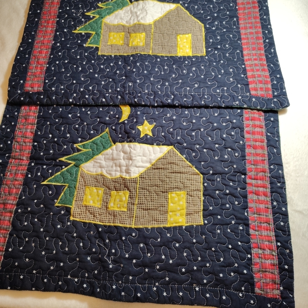 Handmade Quilted Cabin Pillow Cover - Navy with Yellow and Green Appliqué